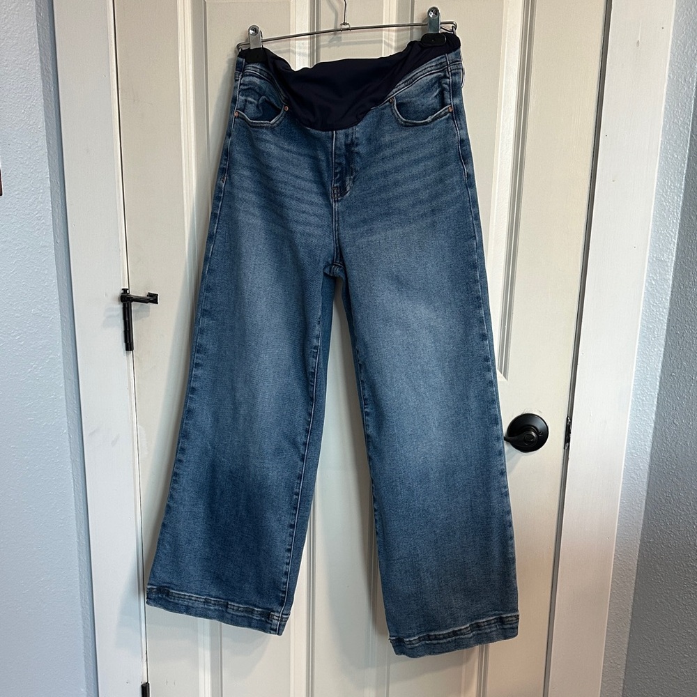 Blue Yoke Detail Ankle Wide Leg Maternity Jeans